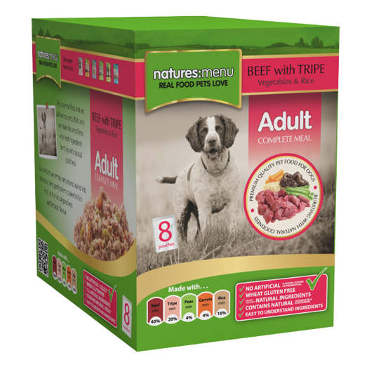 Natures Menu: Adult Pouch Beef Tripe Veg & Rice 8x300gm
