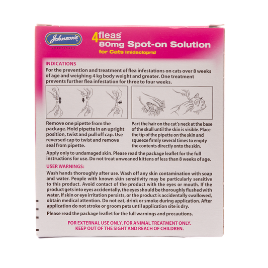 Johnsons: 4 Fleas Spot-on For Cats Over 4kg 2 Treatments