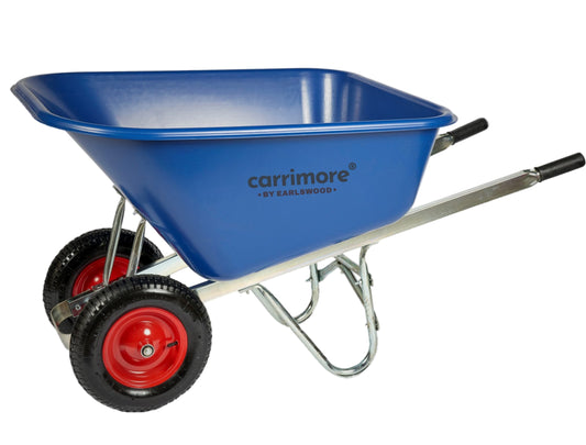 Wheelbarrow: Carrimore Blue Twin Wheel Blue Assembled Puncture Proof Black/Red Wheel 200ltr